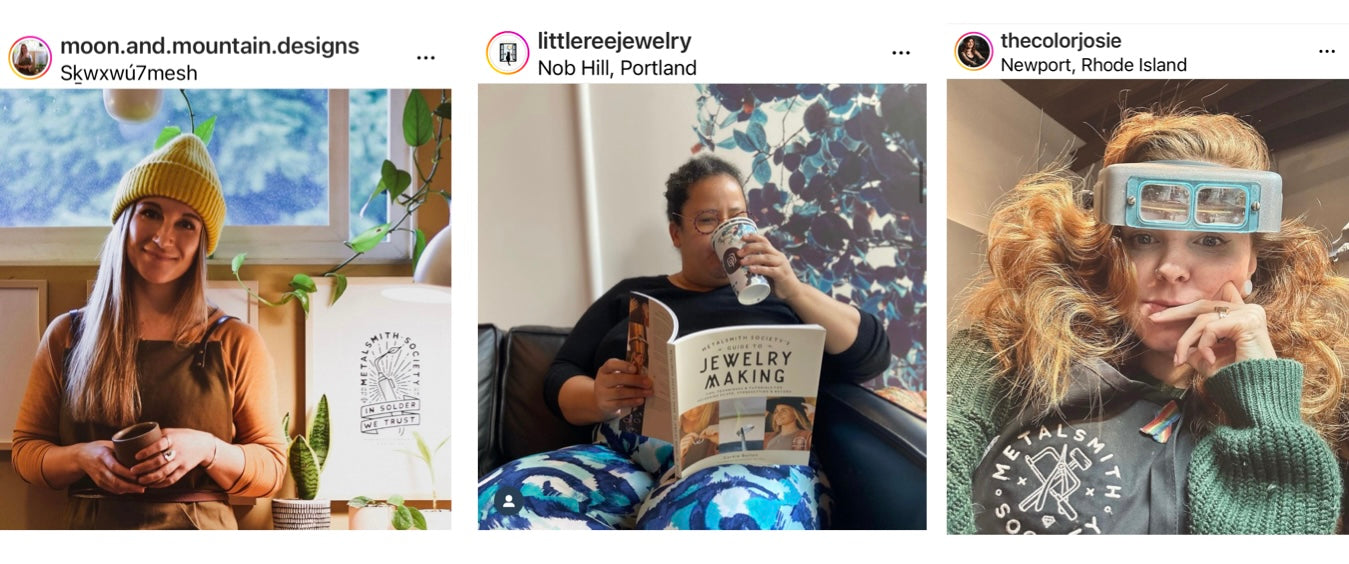 Metalsmith Society community members with merch and the Guide to Jewelry Making book